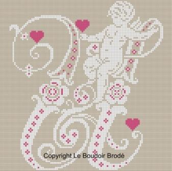 Downloadable cross stitch chart. Monogram U, angel and hearts