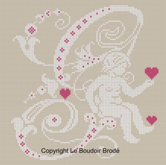 Downloadable cross stitch chart. Monogram G, angel and hearts