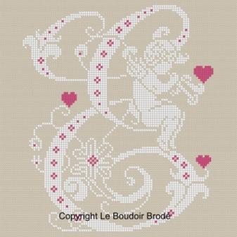 Downloadable cross stitch chart. Monogram E, angel and hearts