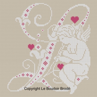 Downloadable cross stitch chart. Monogram L, angel and hearts