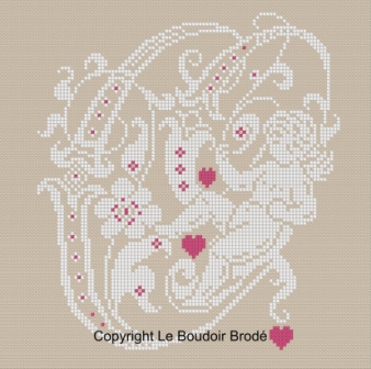 Downloadable cross stitch chart. Monogram O, angel and hearts