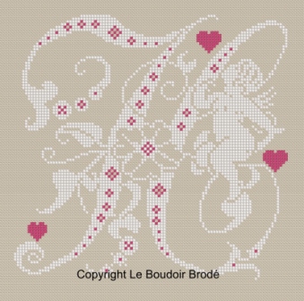 Downloadable cross stitch chart. Monogram H, angel and hearts
