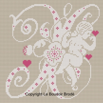 Downloadable cross stitch chart. Monogram X, angel and hearts