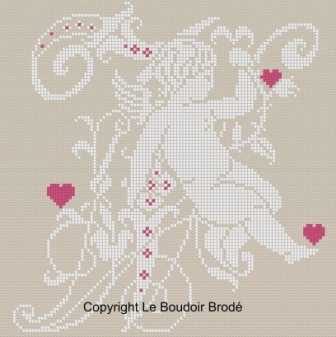 Downloadable cross stitch chart. Monogram N, angel and hearts