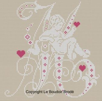 Downloadable cross stitch chart. Monogram M, angel and hearts