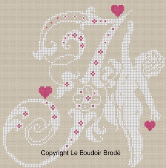 Downloadable cross stitch chart. Monogram I, angel and hearts