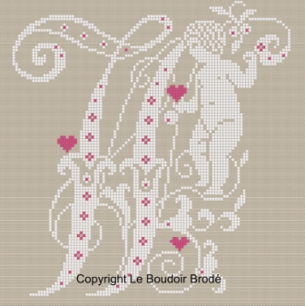 Downloadable cross stitch chart. Monogram W, angel and hearts