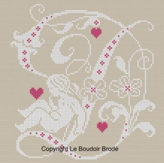 Downloadable cross stitch chart. Monogram D, angel and hearts